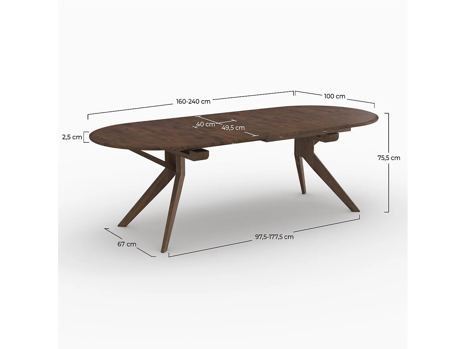 Table extensible en bois d'hévéa massif foncé 6 à 10 personnes - Oli