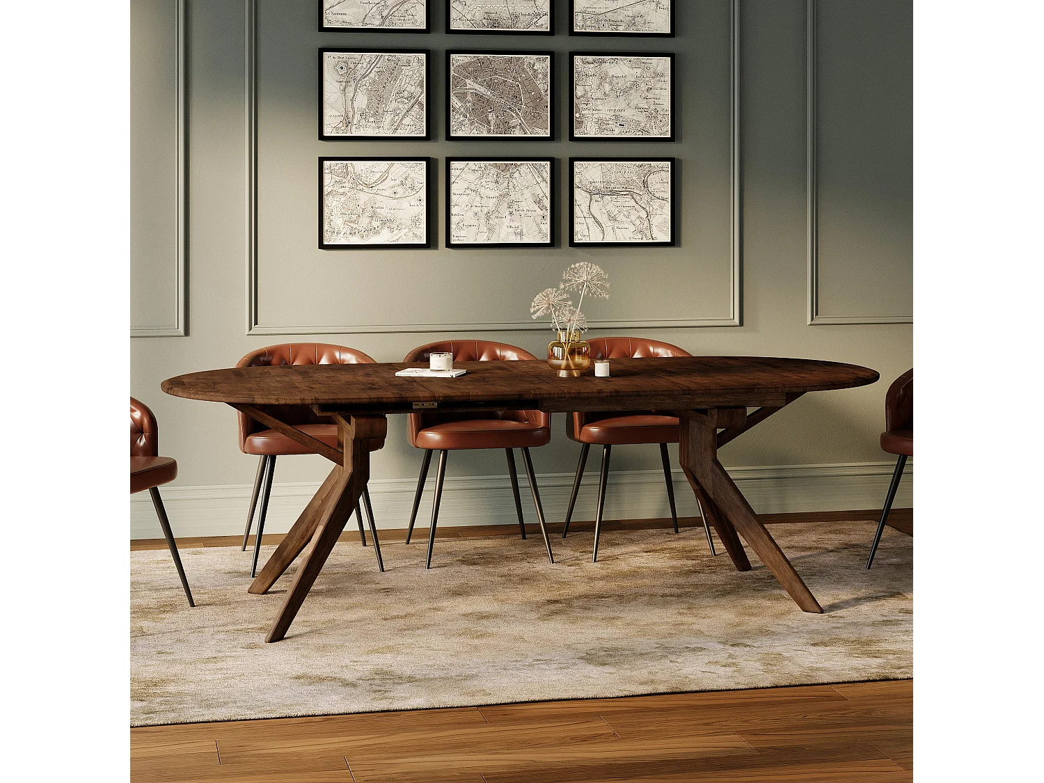 Table extensible en bois d'hévéa massif foncé 6 à 10 personnes - Oli