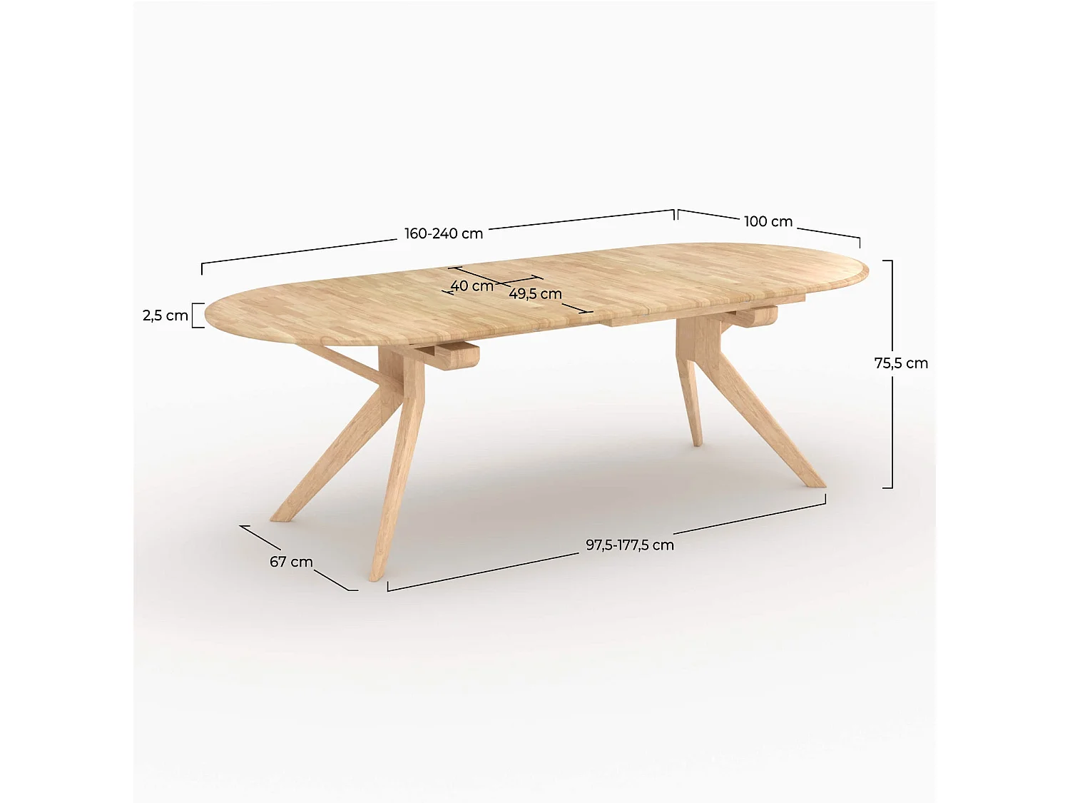 Mesa extensible de madera maciza de hevea clara 6 a 8 personas - Oli