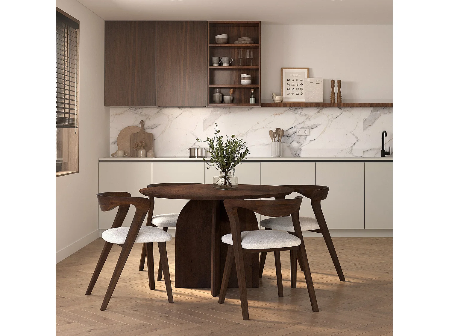 Silla de madera de hevea oscura y tejido bouclé crema - Vega