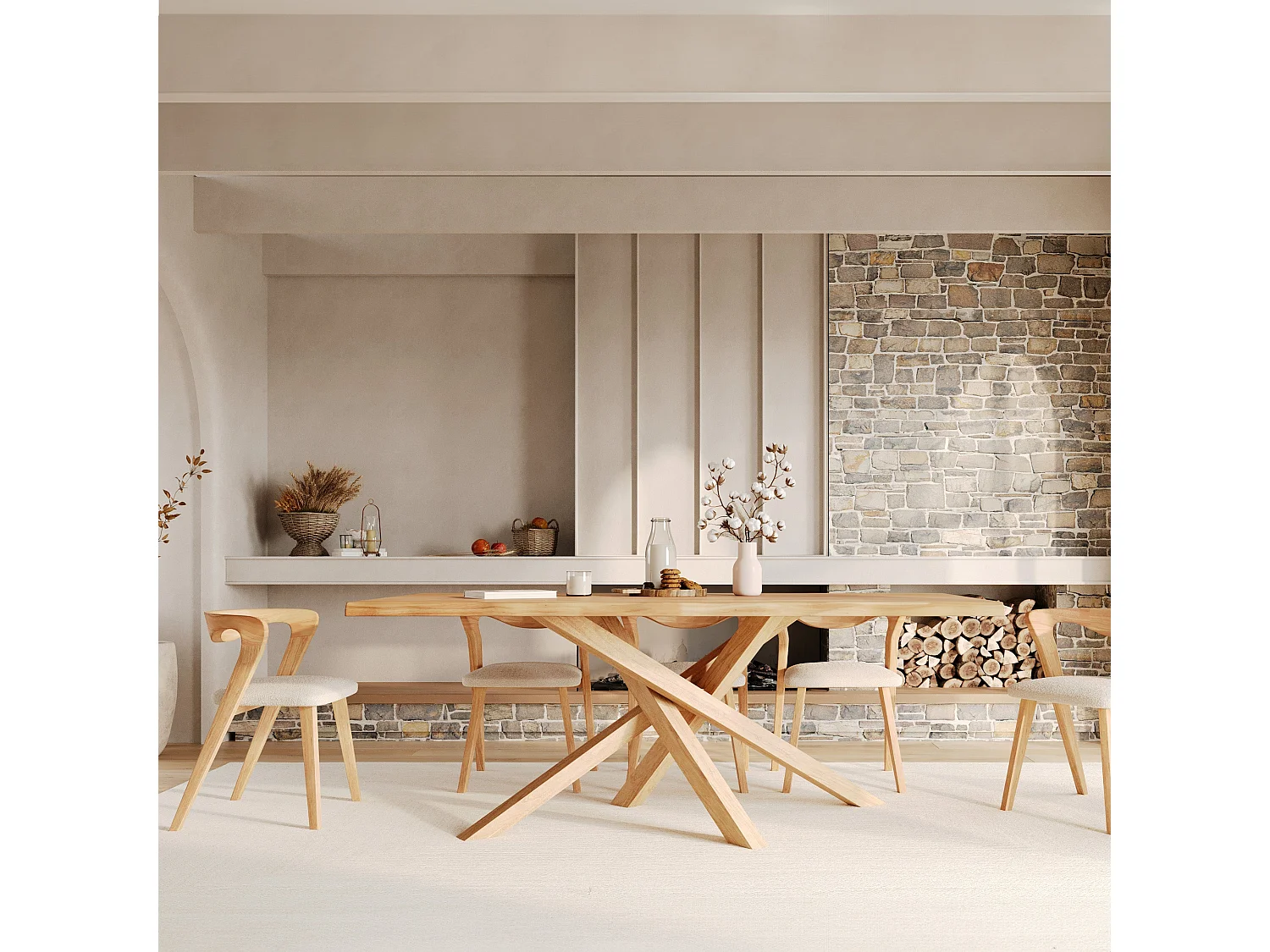 Chaise en bois d'hévéa clair et tissu bouclé crème - Vega