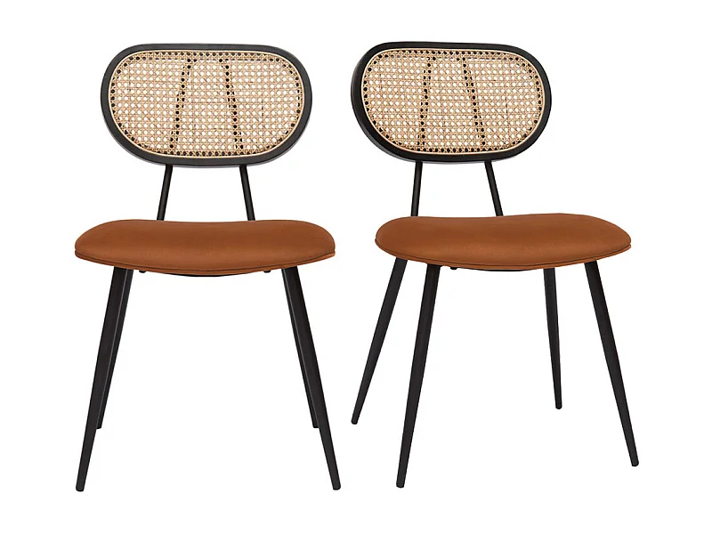 Set de 2 sillas de diseño de terciopelo terracota, metal negro y rejilla de ratán natural TOLMA