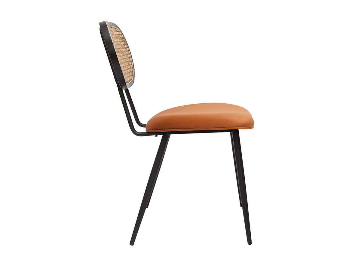 Set de 2 sillas de diseño de terciopelo terracota, metal negro y rejilla de ratán natural TOLMA