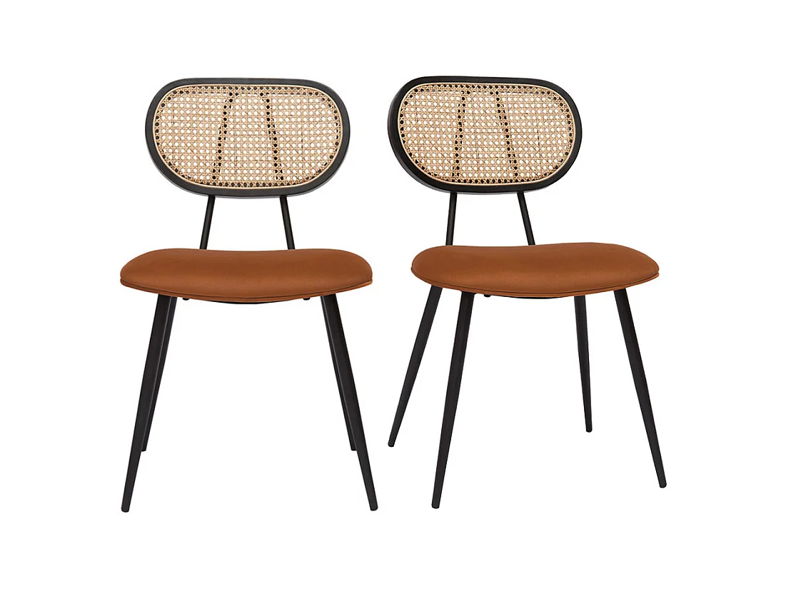 Chaises design en velours terre brûlée, métal noir et cannage rotin naturel (lot de 2) TOLMA
