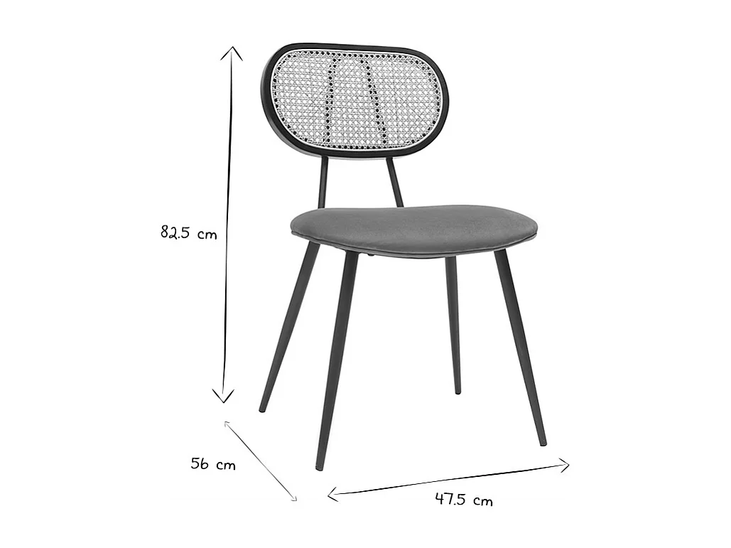 Set de 2 sillas de diseño de terciopelo terracota, metal negro y rejilla de ratán natural TOLMA