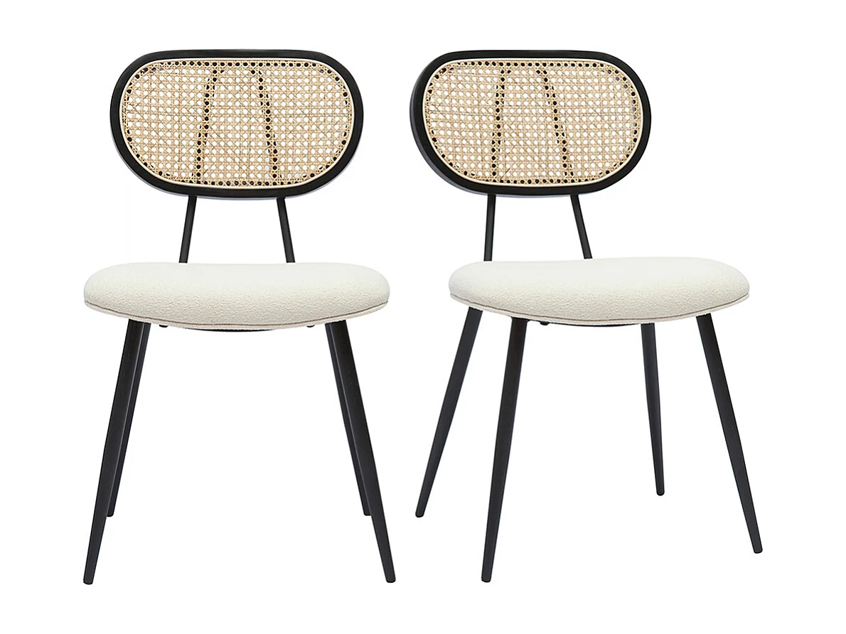 Sedie design in tessuto effetto lana bouclé bianco crema, metallo nero e motivo a intreccio rattan naturale (set di 2) TOLMA