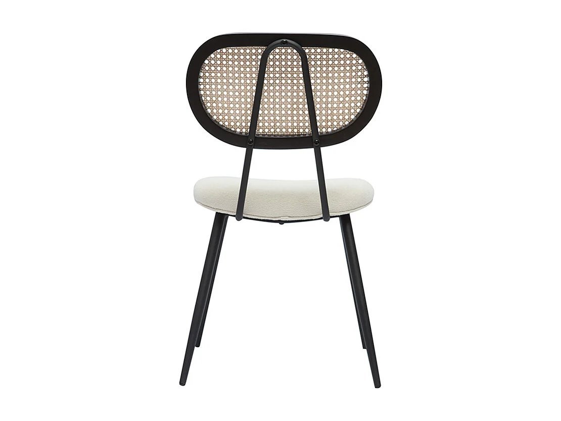 Sedie design in tessuto effetto lana bouclé bianco crema, metallo nero e motivo a intreccio rattan naturale (set di 2) TOLMA