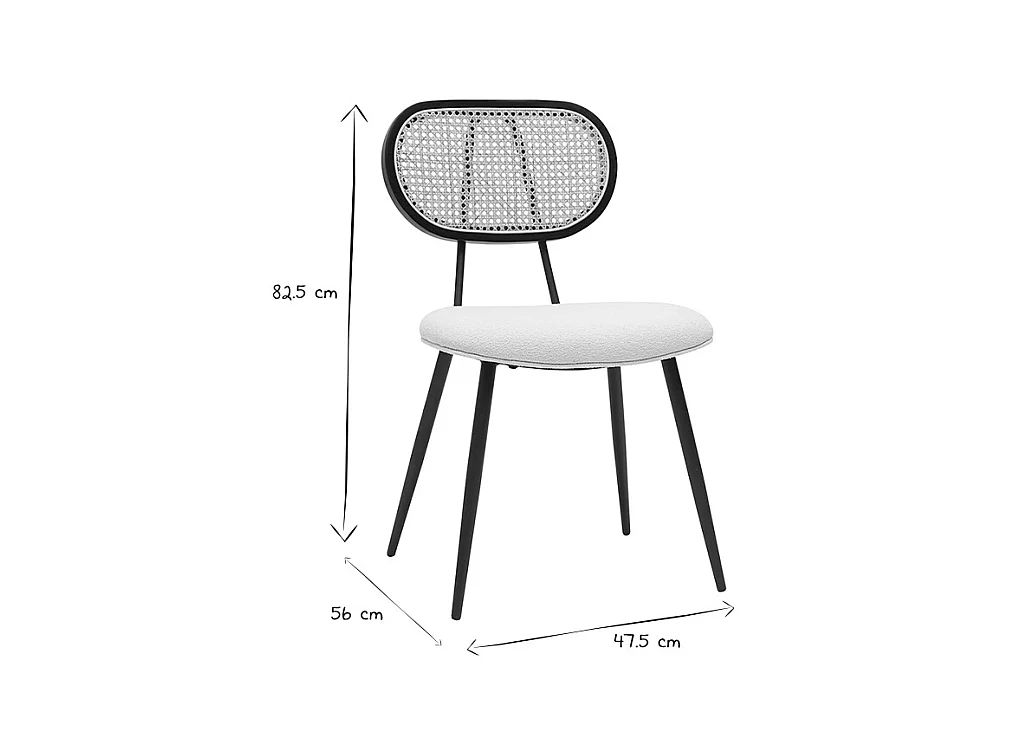 Sedie design in tessuto effetto lana bouclé bianco crema, metallo nero e motivo a intreccio rattan naturale (set di 2) TOLMA