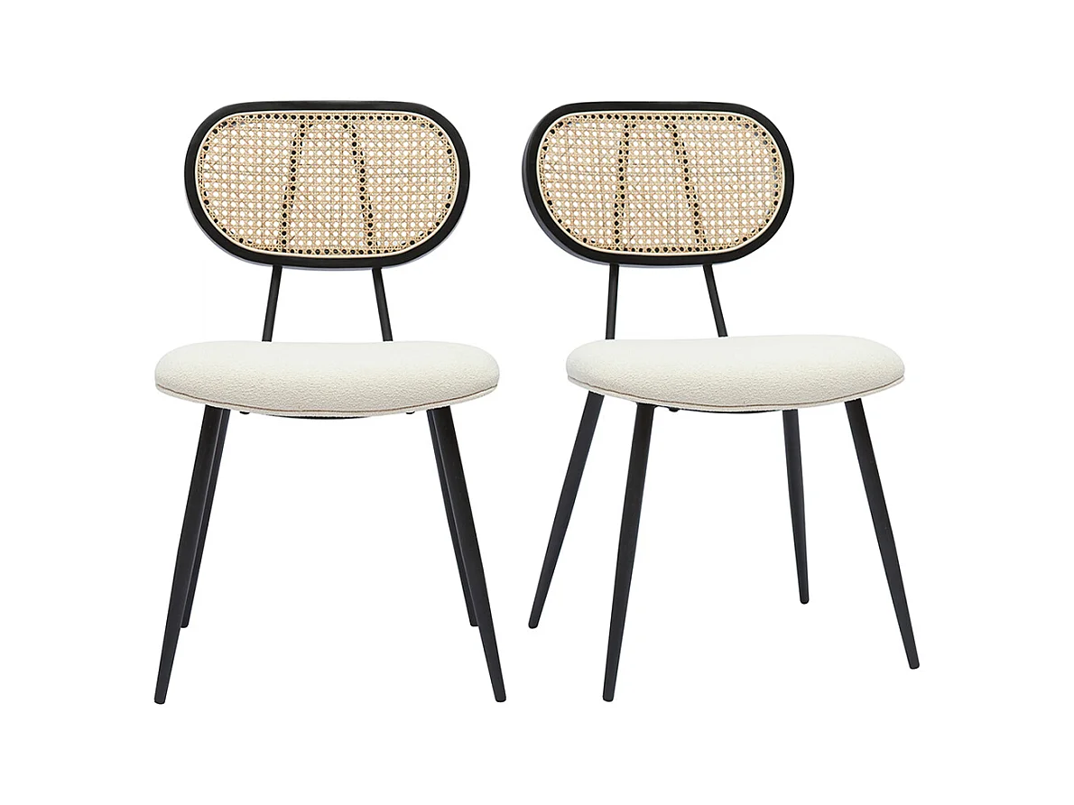 Chaises design en tissu effet laine bouclée blanc cassé, métal noir et cannage rotin naturel (lot de 2) TOLMA
