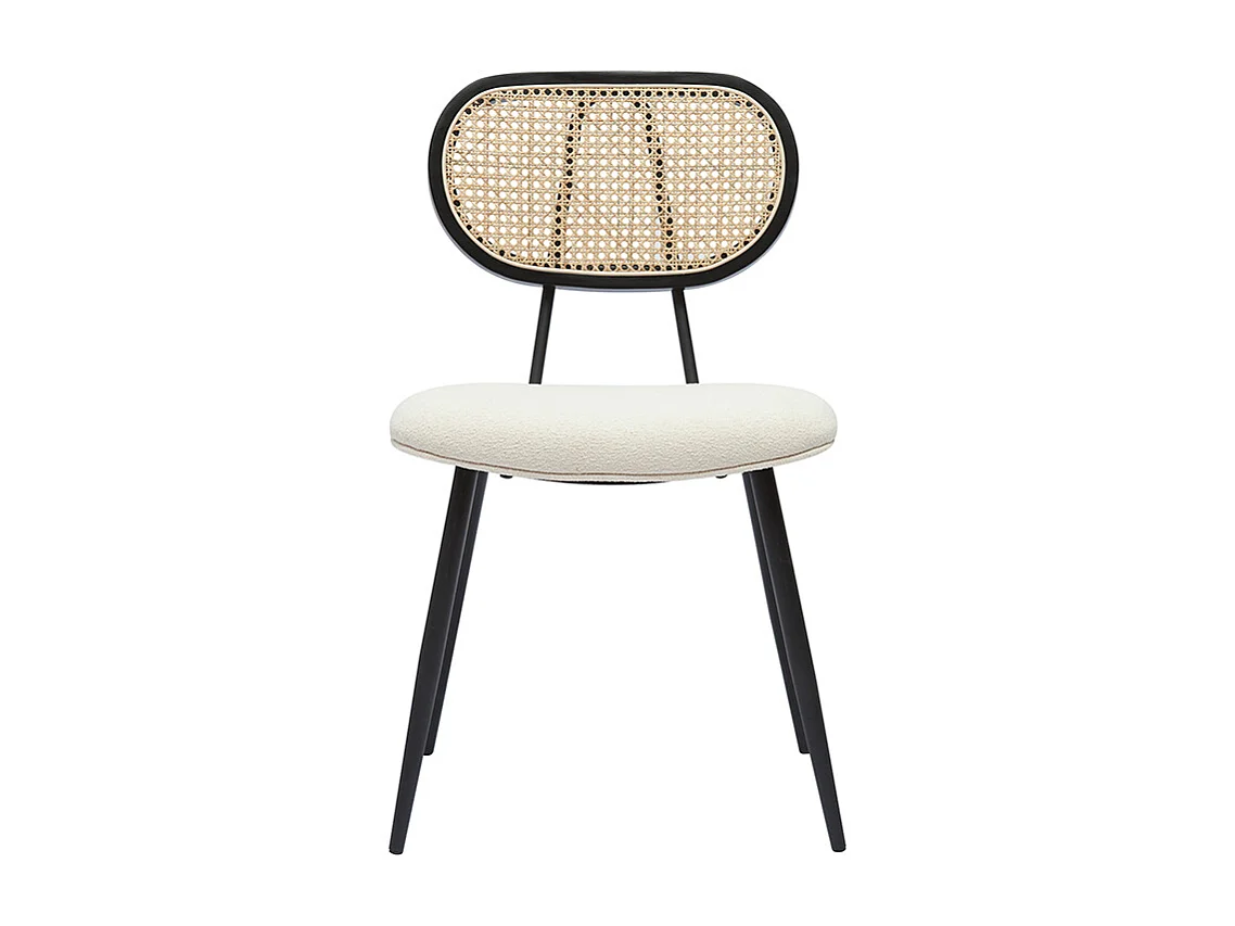 Chaises design en tissu effet laine bouclée blanc cassé, métal noir et cannage rotin naturel (lot de 2) TOLMA