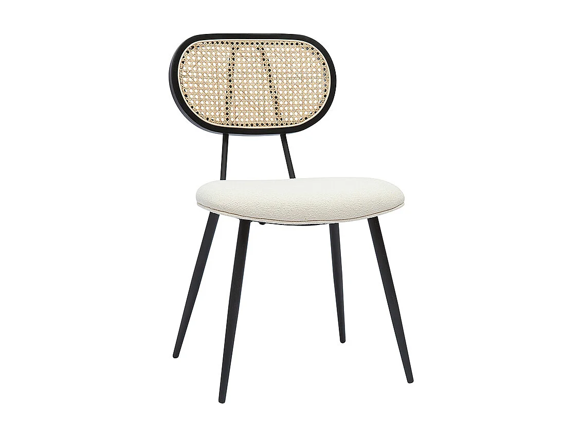 Chaises design en tissu effet laine bouclée blanc cassé, métal noir et cannage rotin naturel (lot de 2) TOLMA