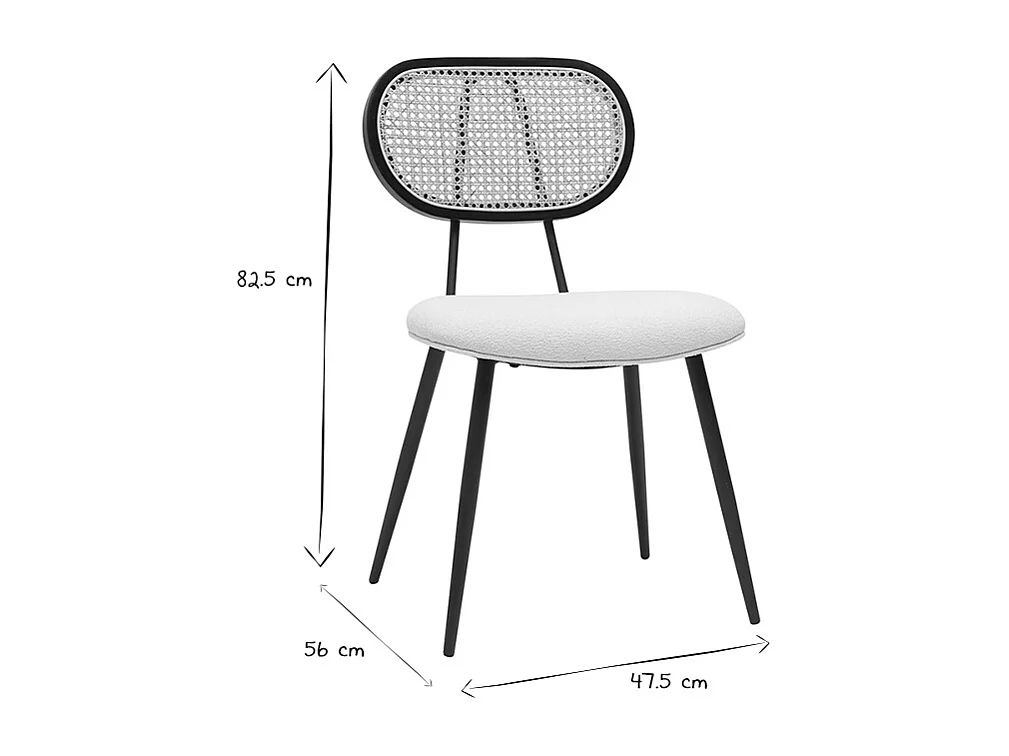 Chaises design en tissu effet laine bouclée blanc cassé, métal noir et cannage rotin naturel (lot de 2) TOLMA