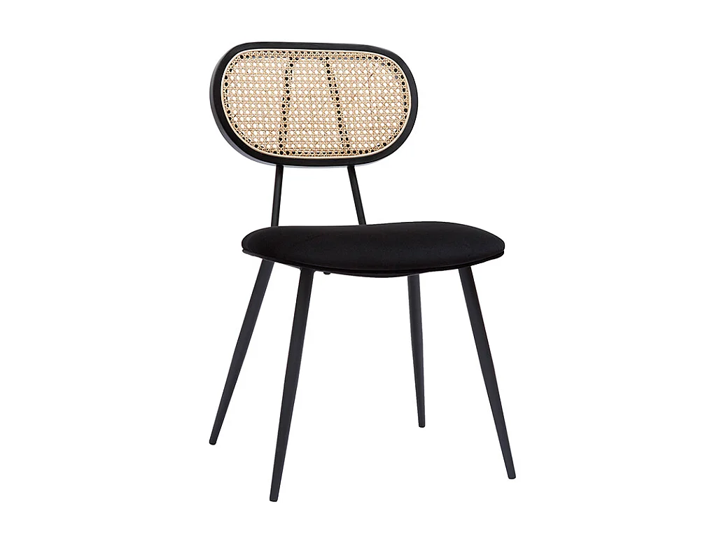 Sedie design nere in tessuto velluto, metallo e motivo a intreccio rattan naturale (set di 2) TOLMA