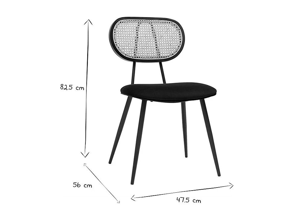 Sedie design nere in tessuto velluto, metallo e motivo a intreccio rattan naturale (set di 2) TOLMA