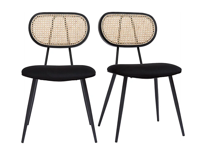 Chaises design noires en tissu velours, métal et cannage rotin naturel (lot de 2) TOLMA
