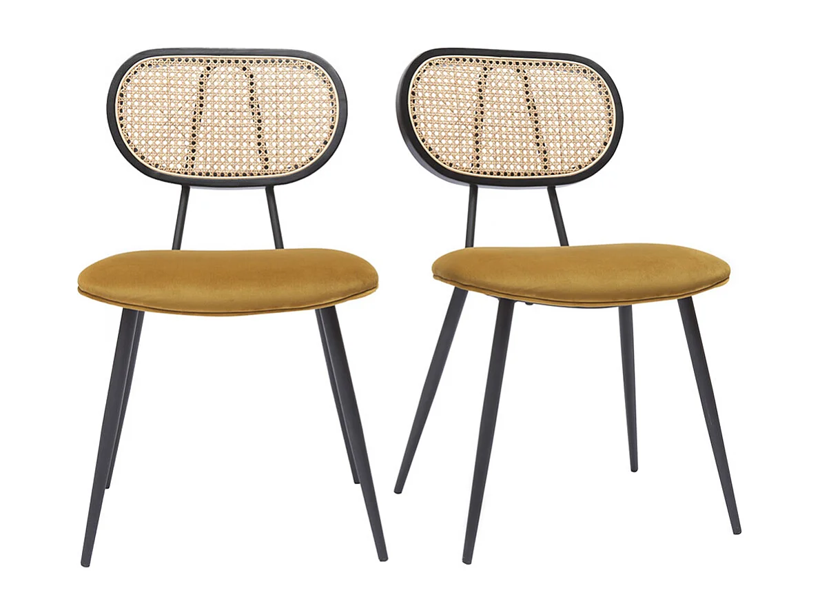 Chaises design en tissu velours bronze, métal noir et cannage rotin naturel (lot de 2) TOLMA