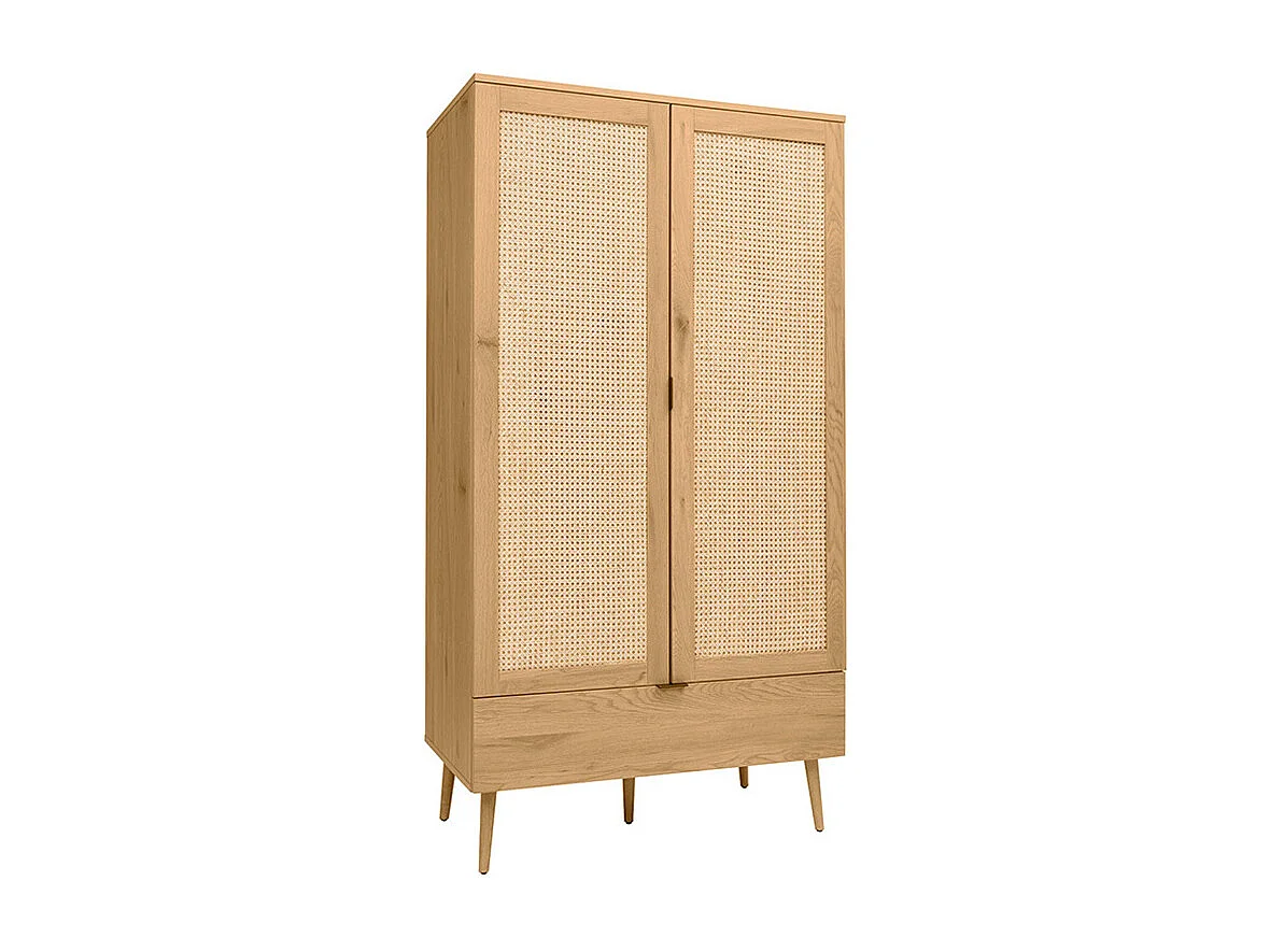 Armario acabado en madera clara, rejilla de ratán y metal negro H190 cm MANILLE