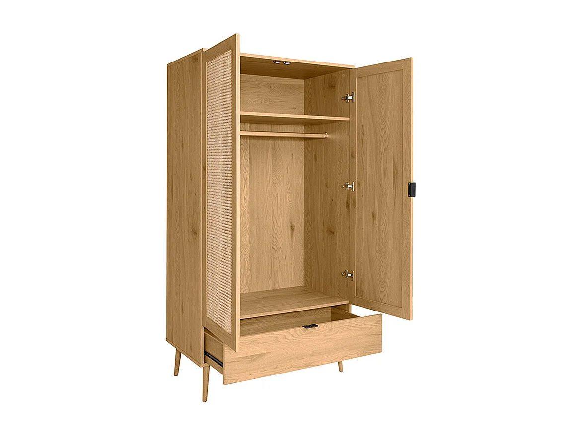 Armario acabado en madera clara, rejilla de ratán y metal negro H190 cm MANILLE