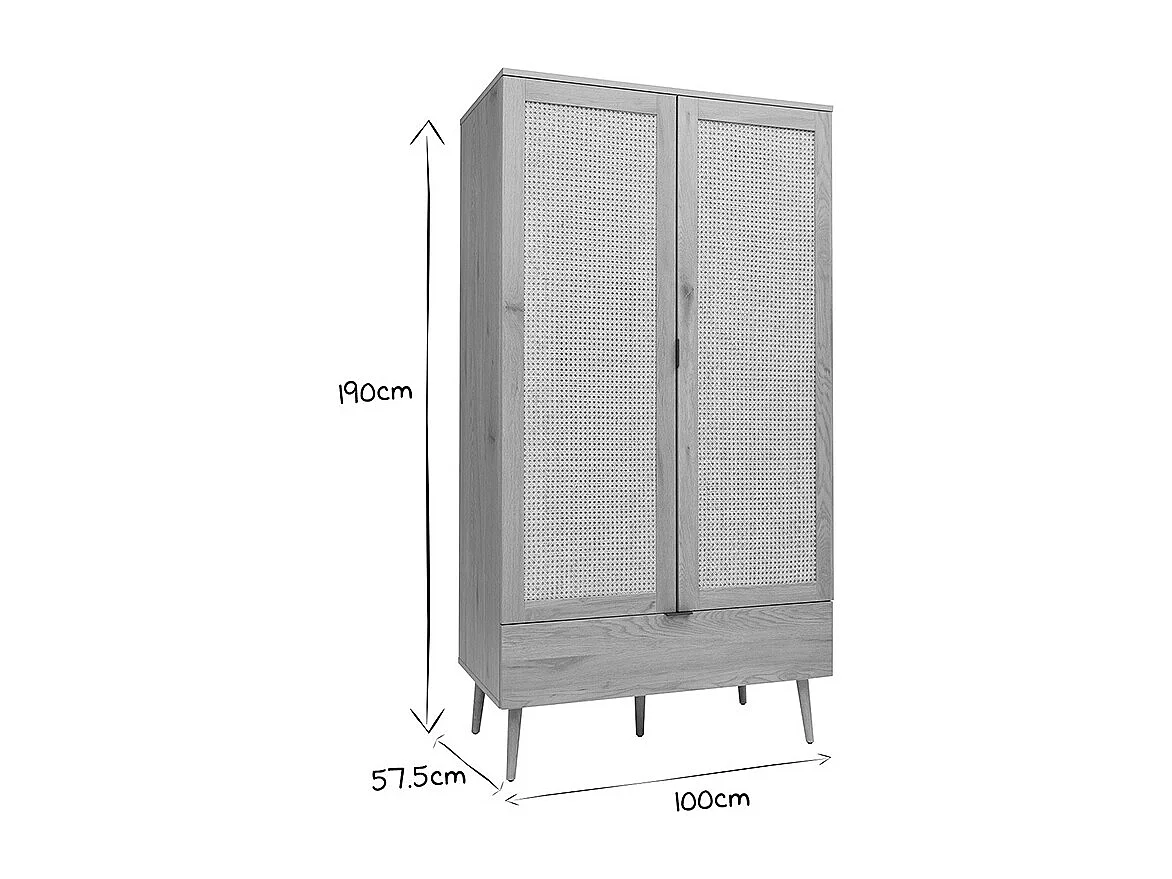Armario acabado en madera clara, rejilla de ratán y metal negro H190 cm MANILLE