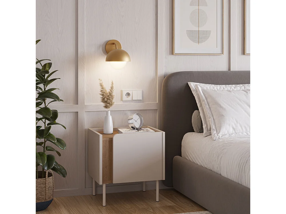 Boxy - Table de chevet 1 porte en bois et métal - Beige