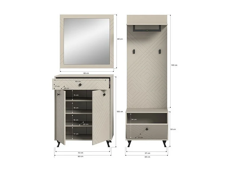 Ensemble d'entrée complet LUNA – Beige mat – 3 éléments – 195x190x35 cm