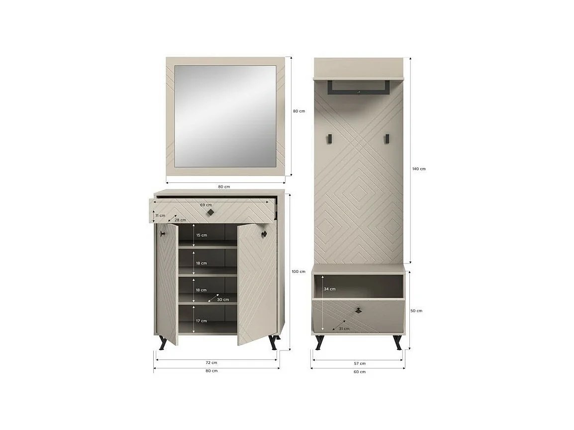 Ensemble d'entrée complet LUNA – Beige mat – 3 éléments – 195x190x35 cm