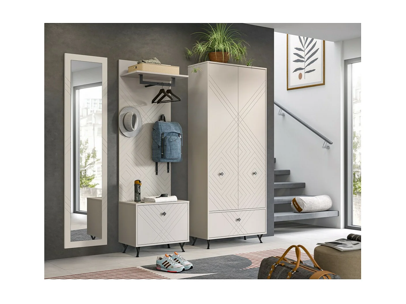 Ensemble d'entrée complet LUNA – Beige mat – 215x190x35 cm – 6 niches, 5 étagères