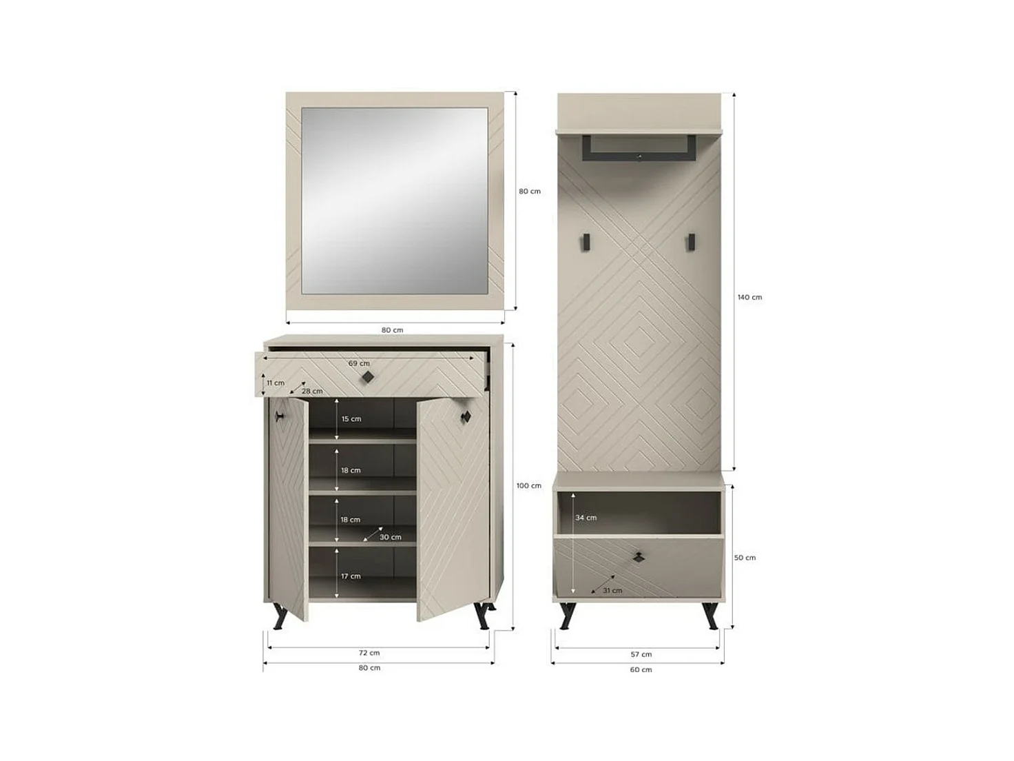 Komplettset LUNA – Matt Beige – 215x190x35 cm – 6 Fächer, 5 Regale