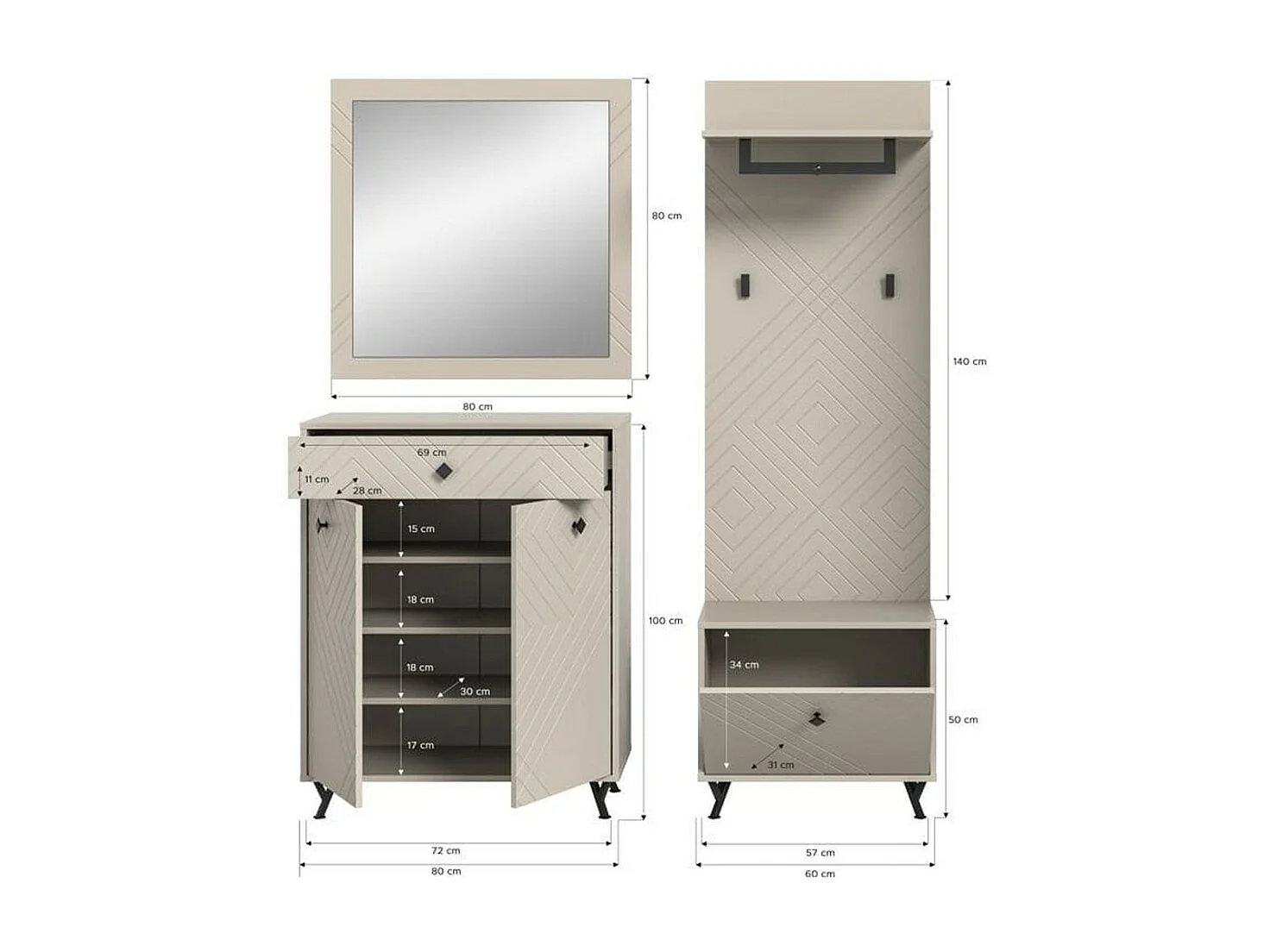 Complete inkomhalset LUNA - Mat Beige - 215x190x35 cm - 6 vakken, 5 planken