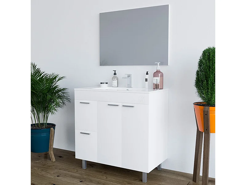 Mobile Bagno moderno da 80 cm con lavabo in ceramica e specchio - 305450BO
