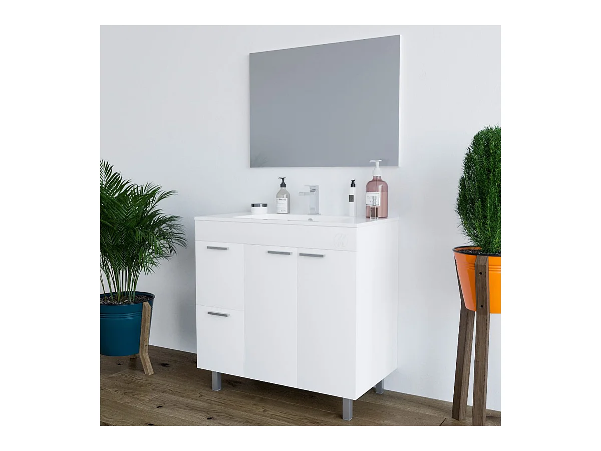 Mobile Bagno moderno da 80 cm con lavabo in ceramica e specchio - 305450BO