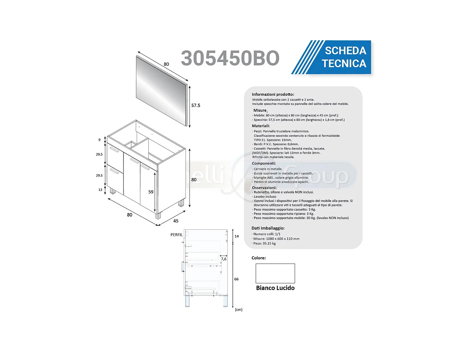 Mobile Bagno moderno da 80 cm con lavabo in ceramica e specchio - 305450BO