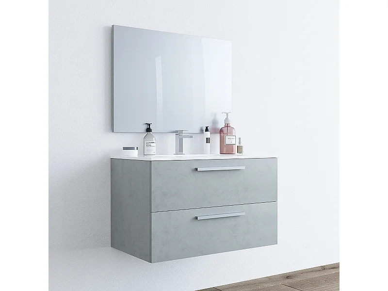 Mobile Bagno sospeso da 80 Cm con Lavabo in ceramica e specchio Grigio Cemento - 305160L