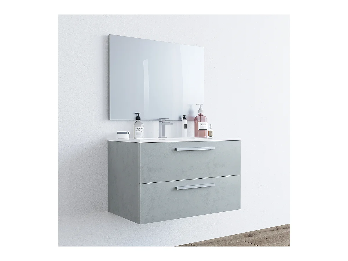 Mobile Bagno sospeso da 80 Cm con Lavabo in ceramica e specchio Grigio Cemento - 305160L