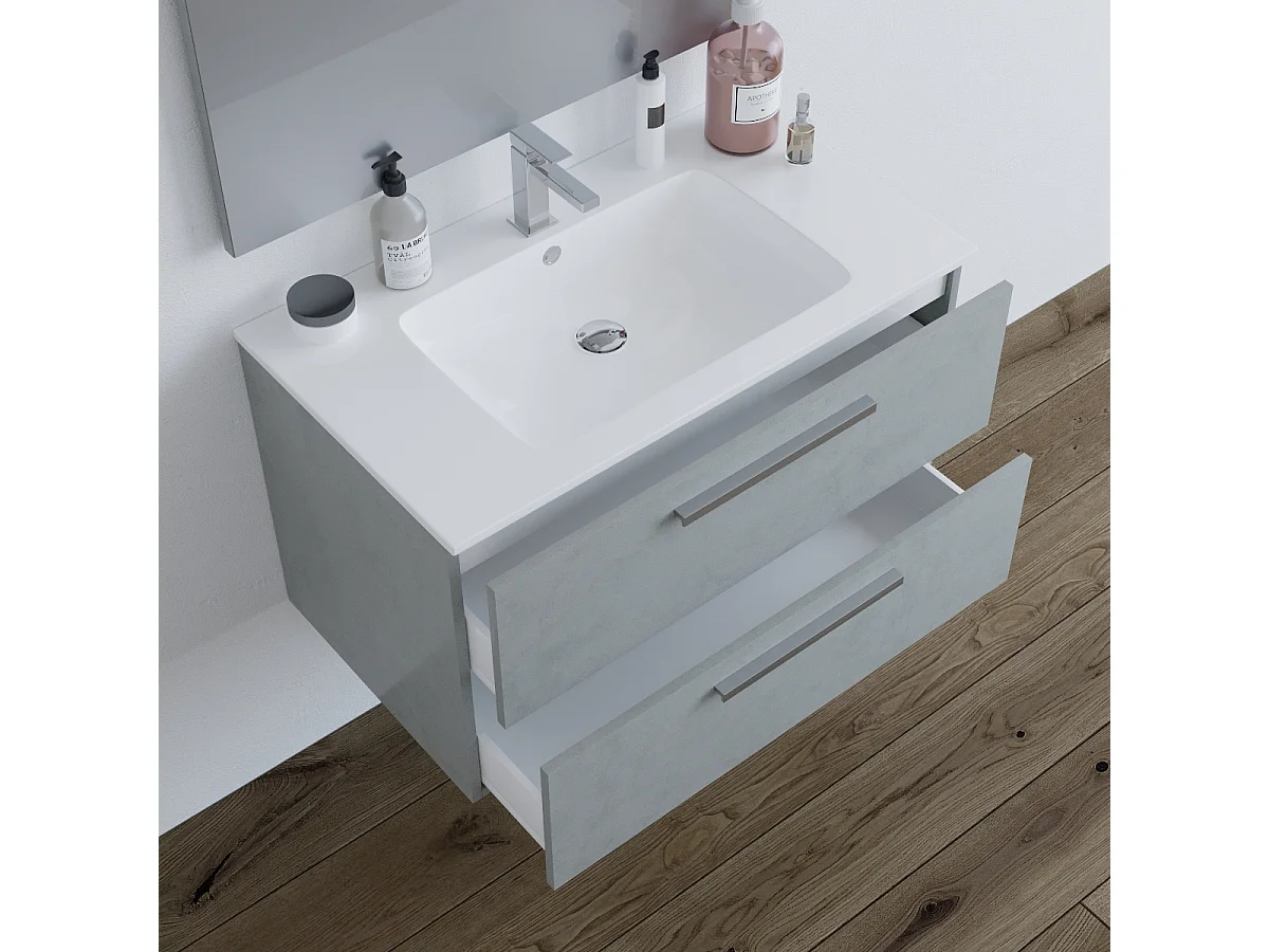 Mobile Bagno sospeso da 80 Cm con Lavabo in ceramica e specchio Grigio Cemento - 305160L