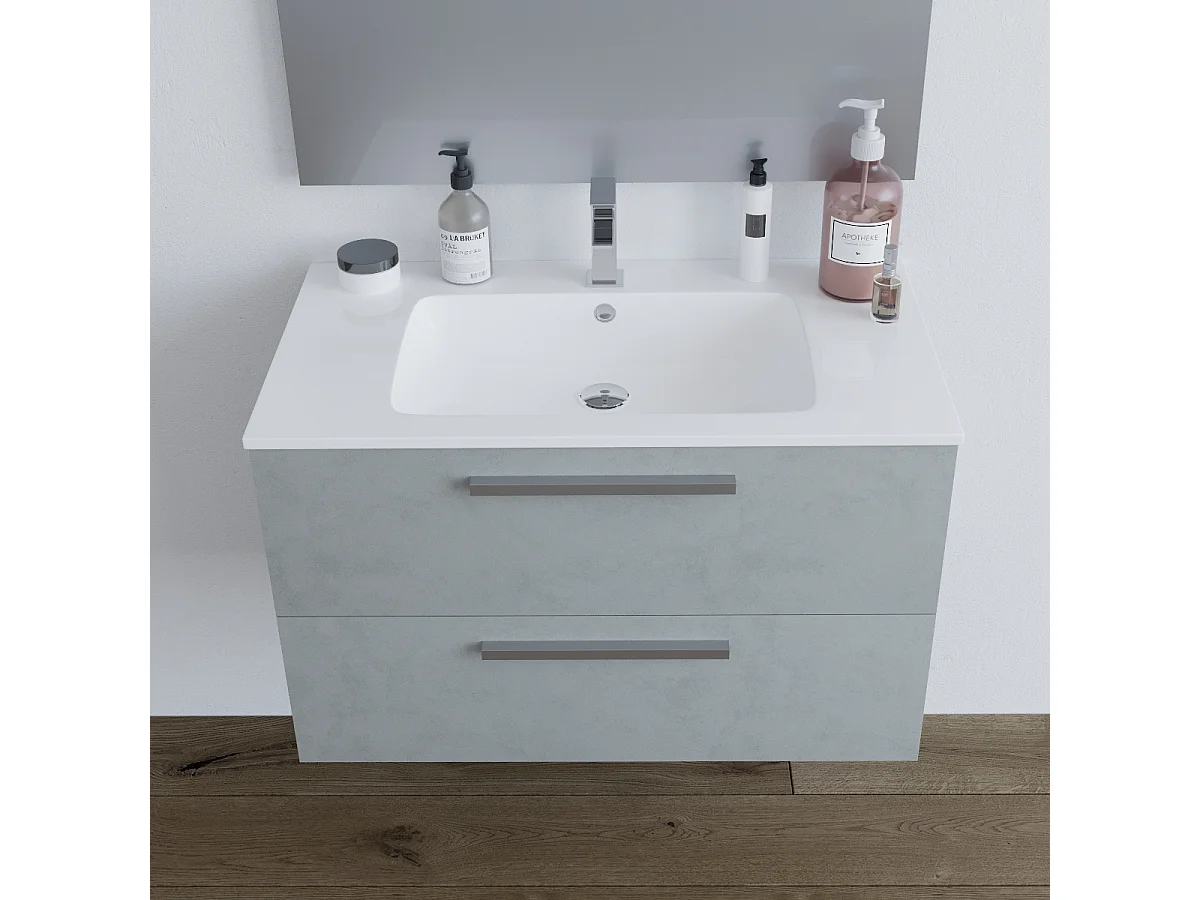 Mobile Bagno sospeso da 80 Cm con Lavabo in ceramica e specchio Grigio Cemento - 305160L