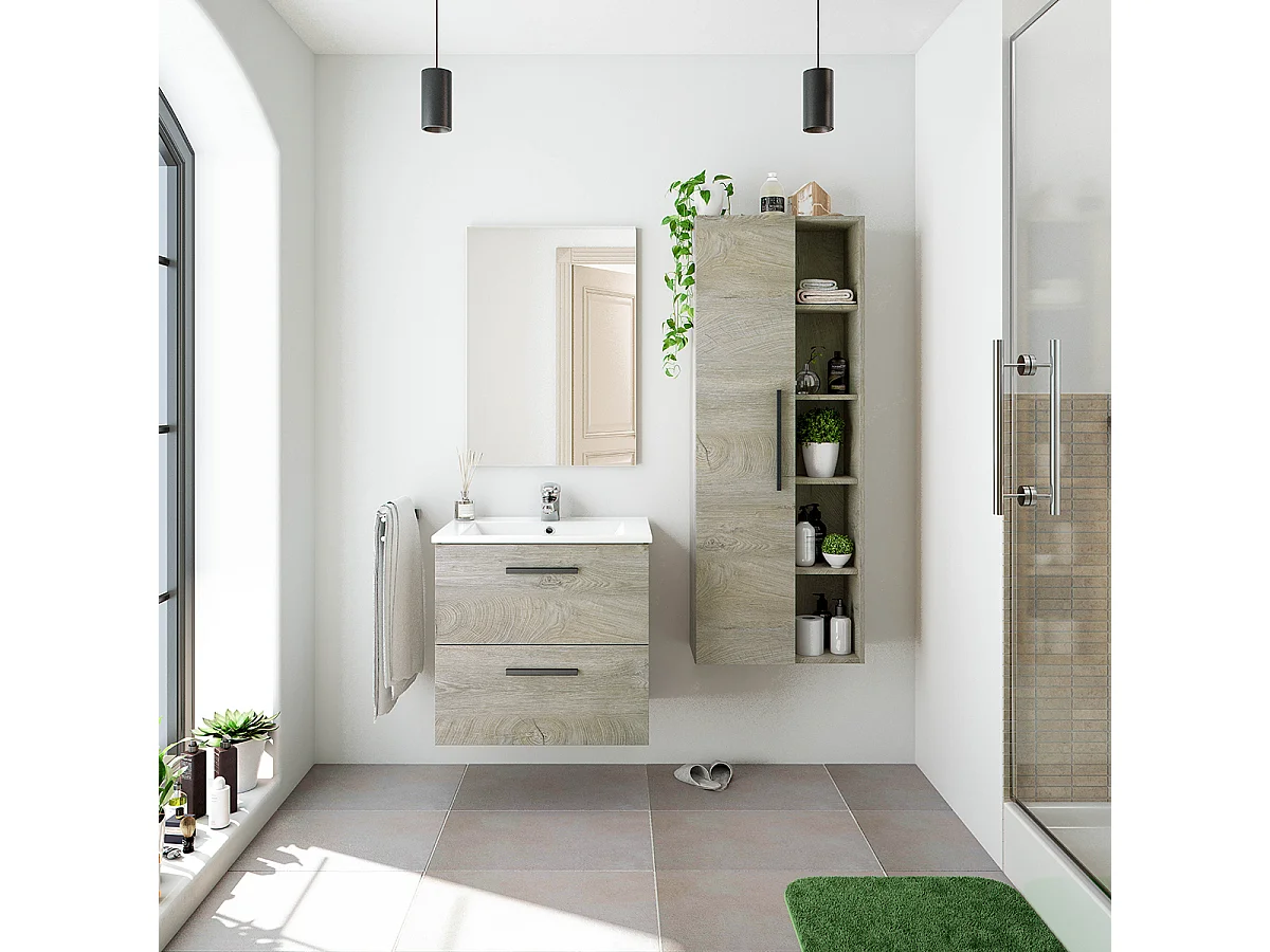 Mobile Bagno 60 cm sospeso con lavabo in ceramica, specchio e colonna ROVERE Altea