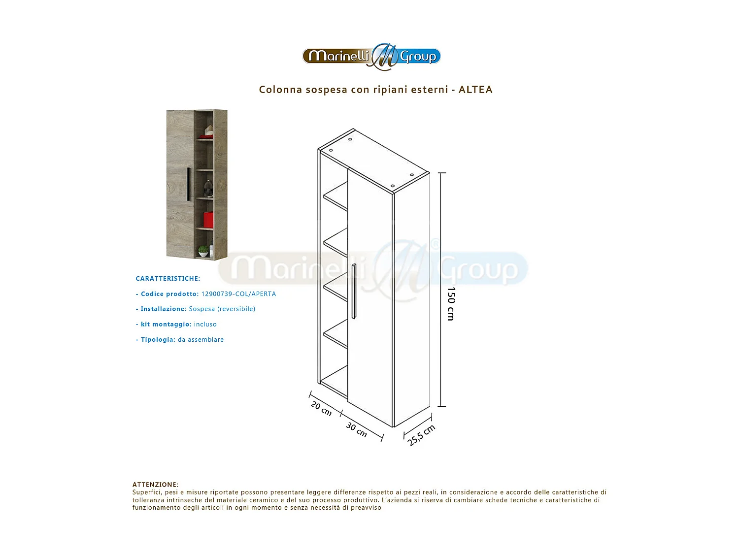 Mobile Bagno 60 cm sospeso con lavabo in ceramica, specchio e colonna ROVERE Altea