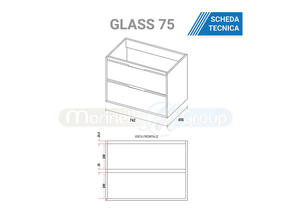 Mobile bagno sospeso da 75 cm bianco lucido con due cassetti Glass