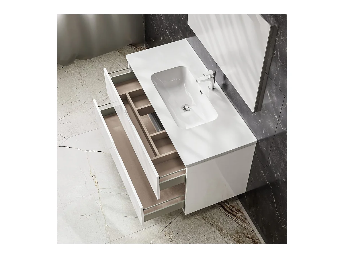 Mobile bagno sospeso da 75 cm bianco lucido con due cassetti Glass