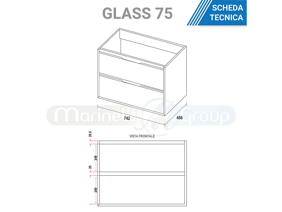 Mobile bagno sospeso da 75 cm bianco lucido con due cassetti Glass
