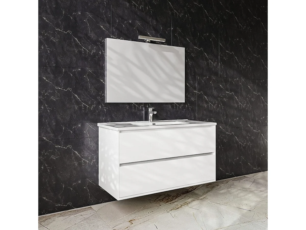 Mobile bagno sospeso da 75 cm bianco lucido con due cassetti Glass