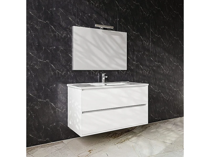 Mobile bagno sospeso da 100 cm bianco lucido con due cassetti Glass