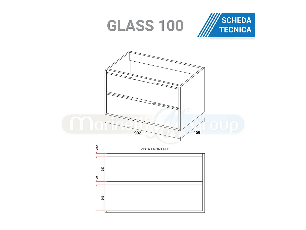 Mobile bagno sospeso da 100 cm bianco lucido con due cassetti Glass