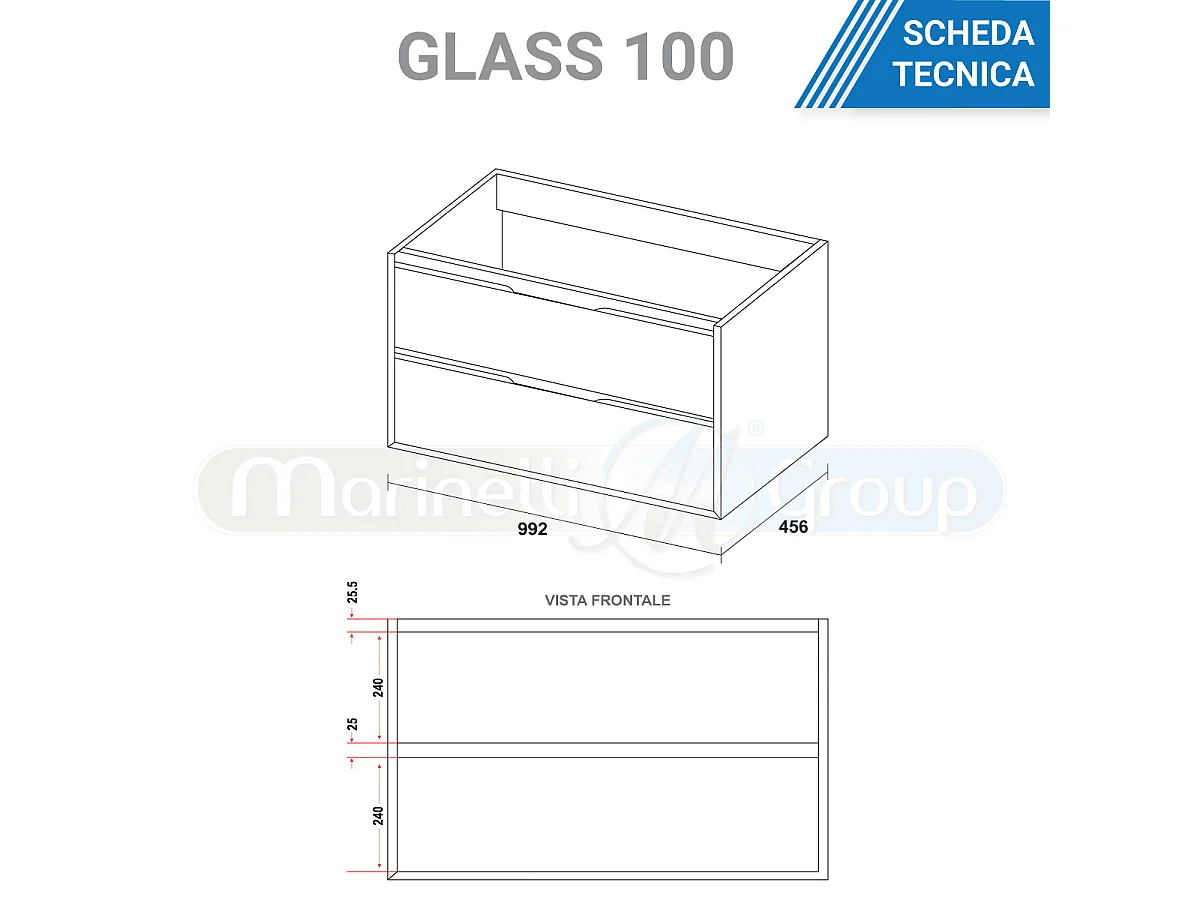 Mobile bagno sospeso da 100 cm bianco lucido con due cassetti Glass