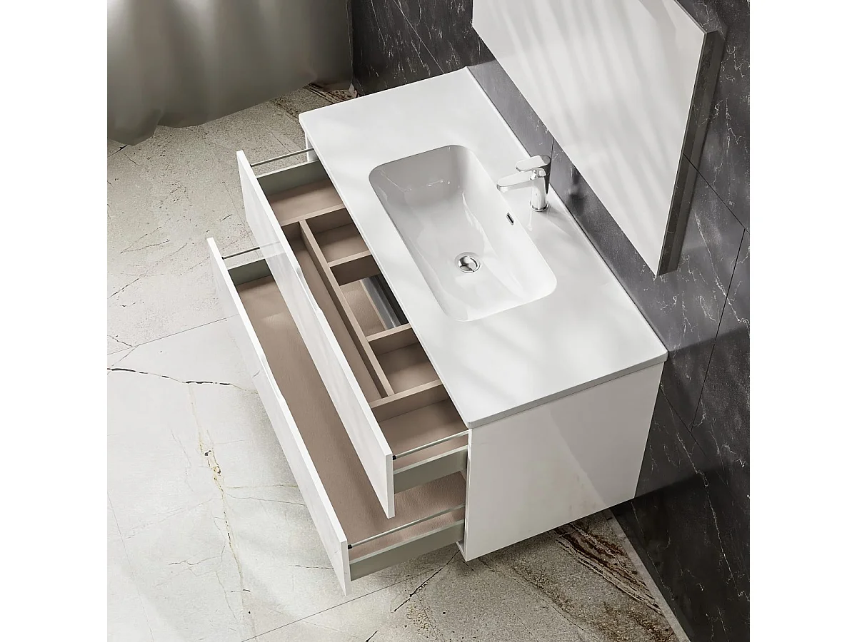 Mobile bagno sospeso da 100 cm bianco lucido con due cassetti Glass
