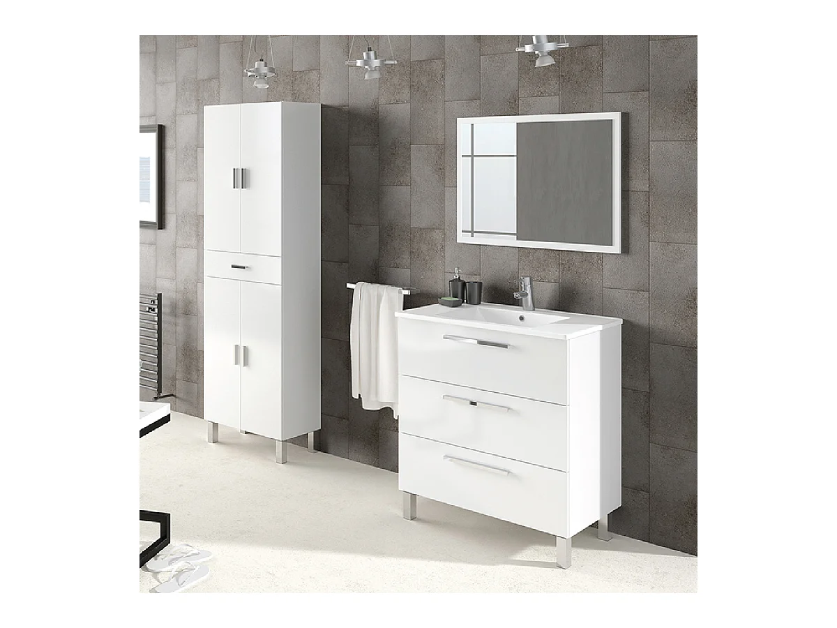 Mobile bagno 80 cm a terra con colonna lavabo ceramica 3 cassetti bianco lucido 305423BO 305280BO
