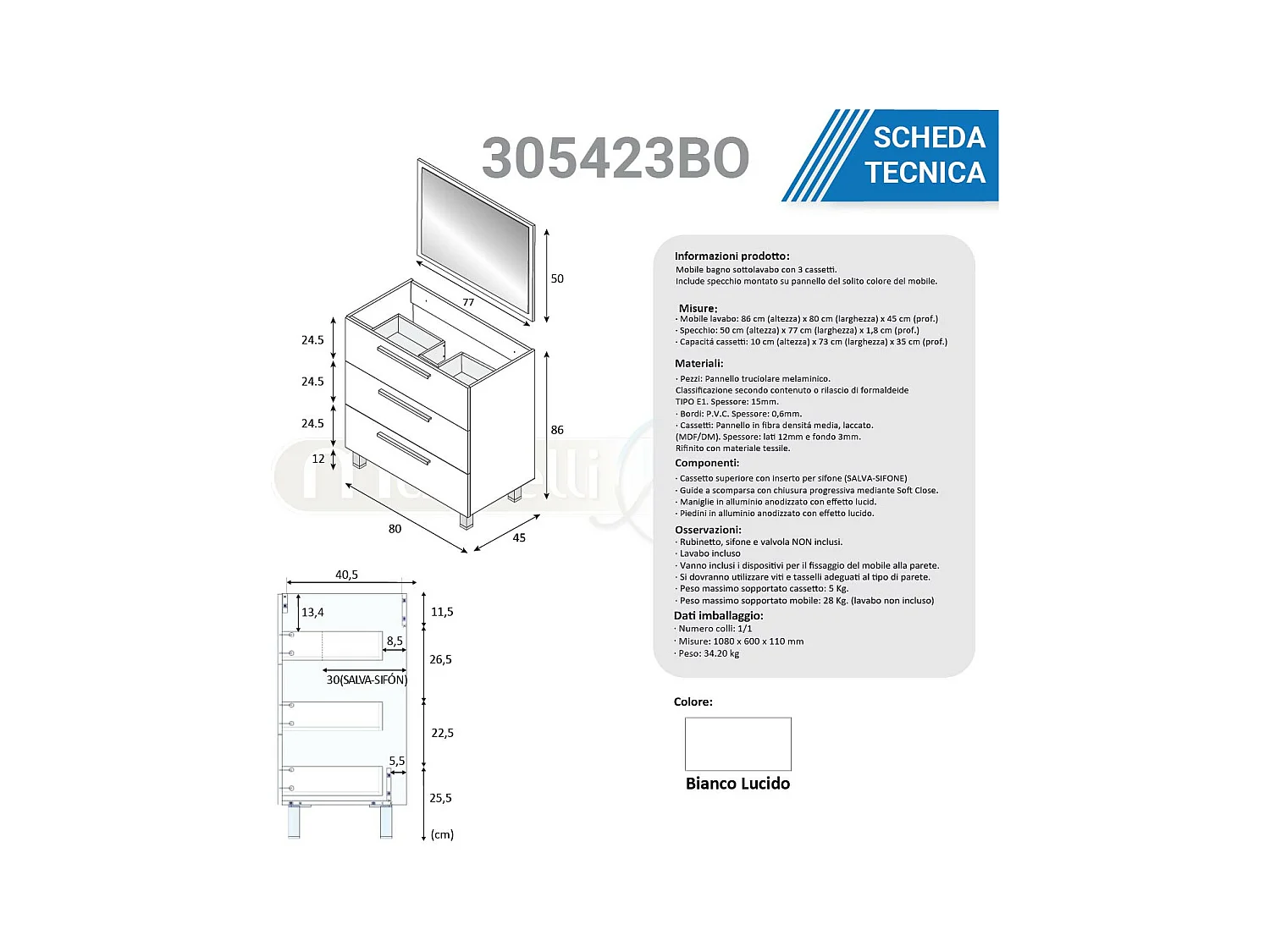 Mobile bagno 80 cm a terra con colonna lavabo ceramica 3 cassetti bianco lucido 305423BO 305280BO