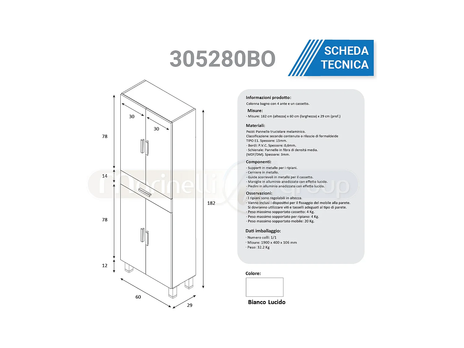 Mobile bagno 80 cm a terra con colonna lavabo ceramica 3 cassetti bianco lucido 305423BO 305280BO