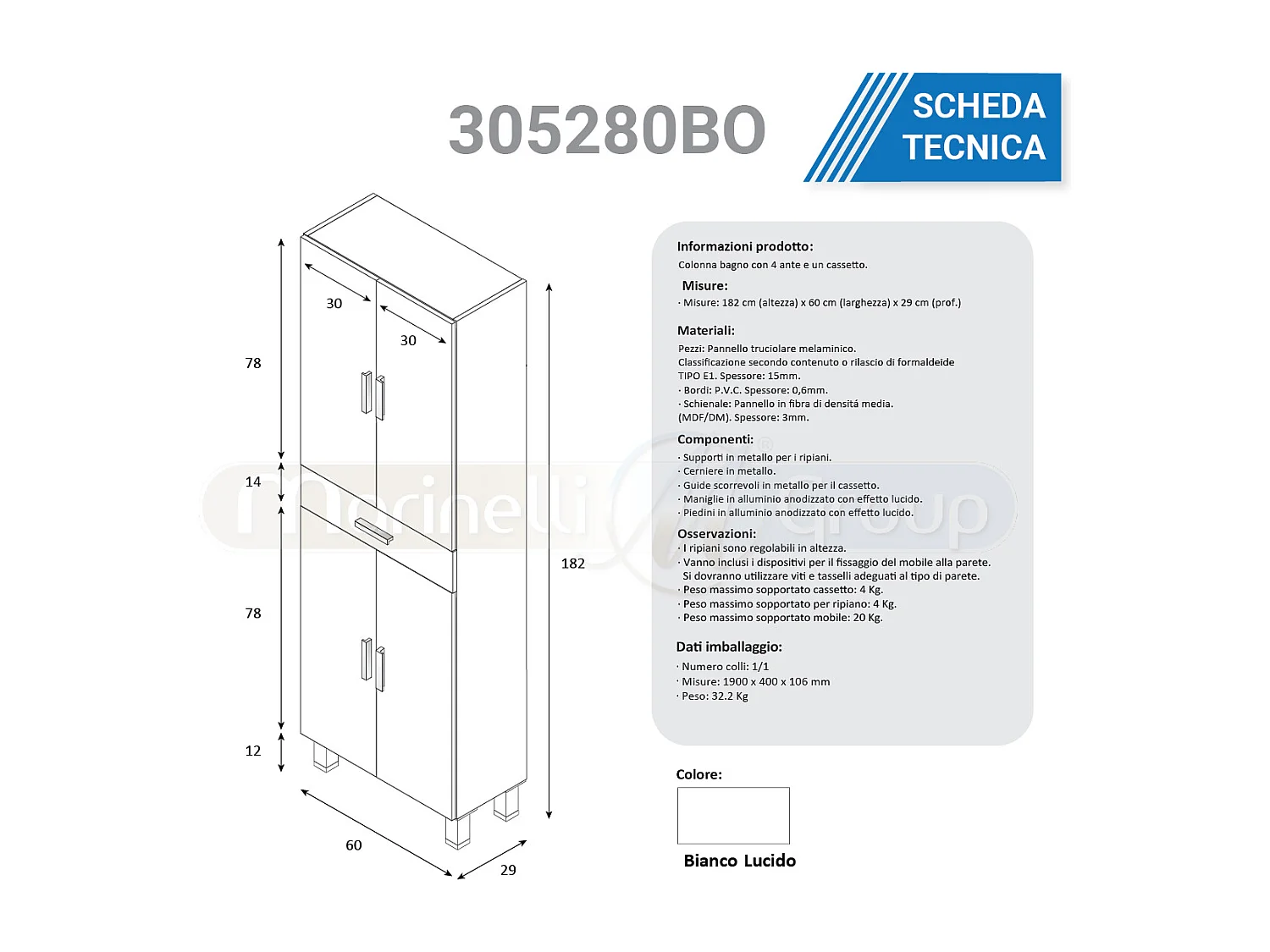 Mobile bagno 80 cm a terra con colonna lavabo ceramica 3 cassetti bianco lucido 305423BO 305280BO